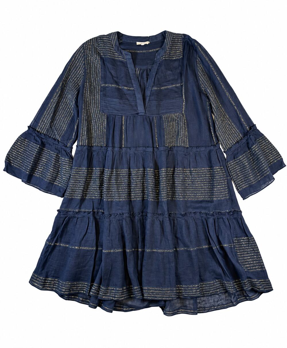 Elan Women's L Black Metallic Stripe Tiered Tunic Mini Dress Boho